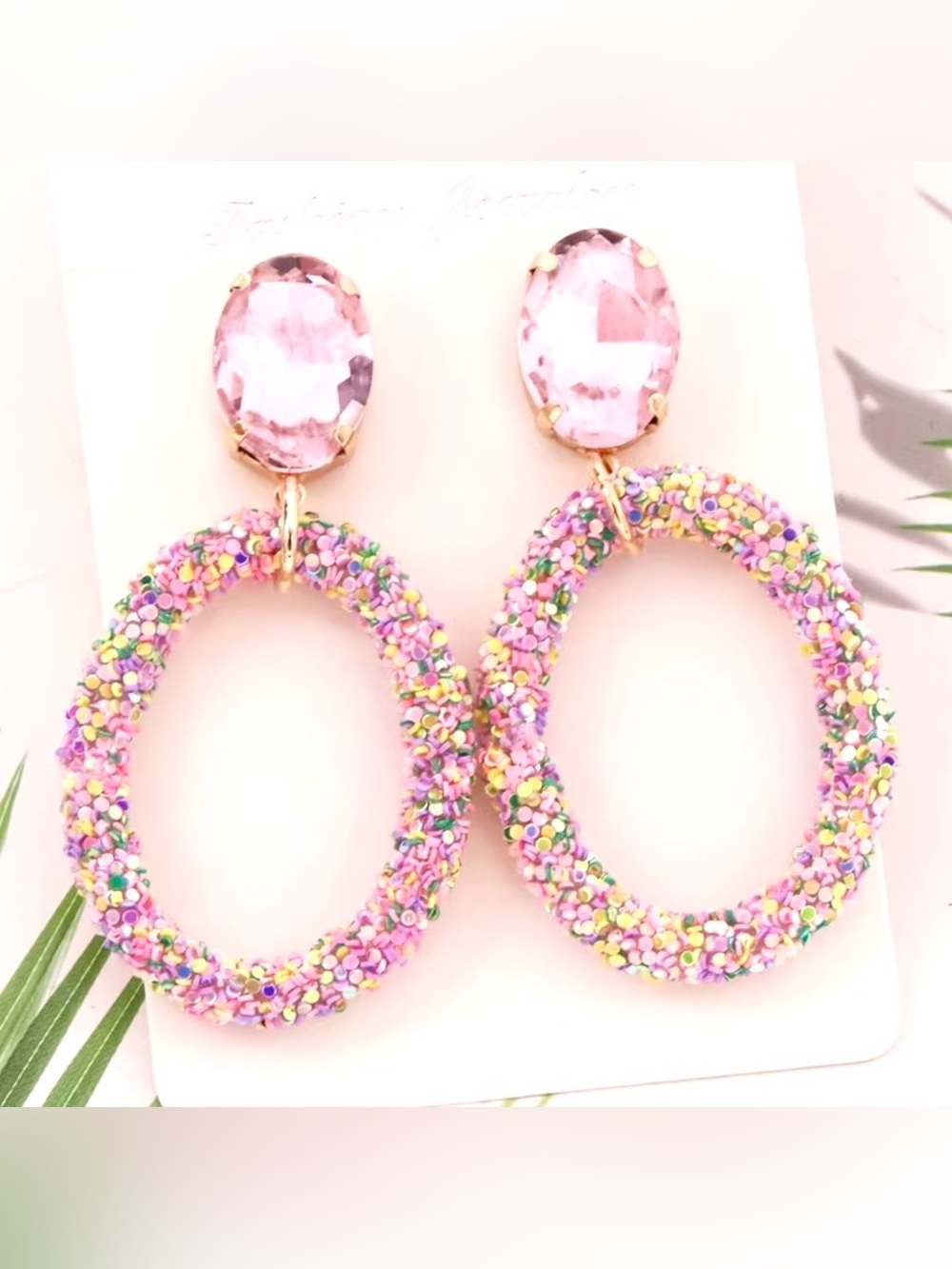 Bohemian Sequin Oval Drop Earrings | Pink Crystal Statement Dangle - Picture 3 of 5